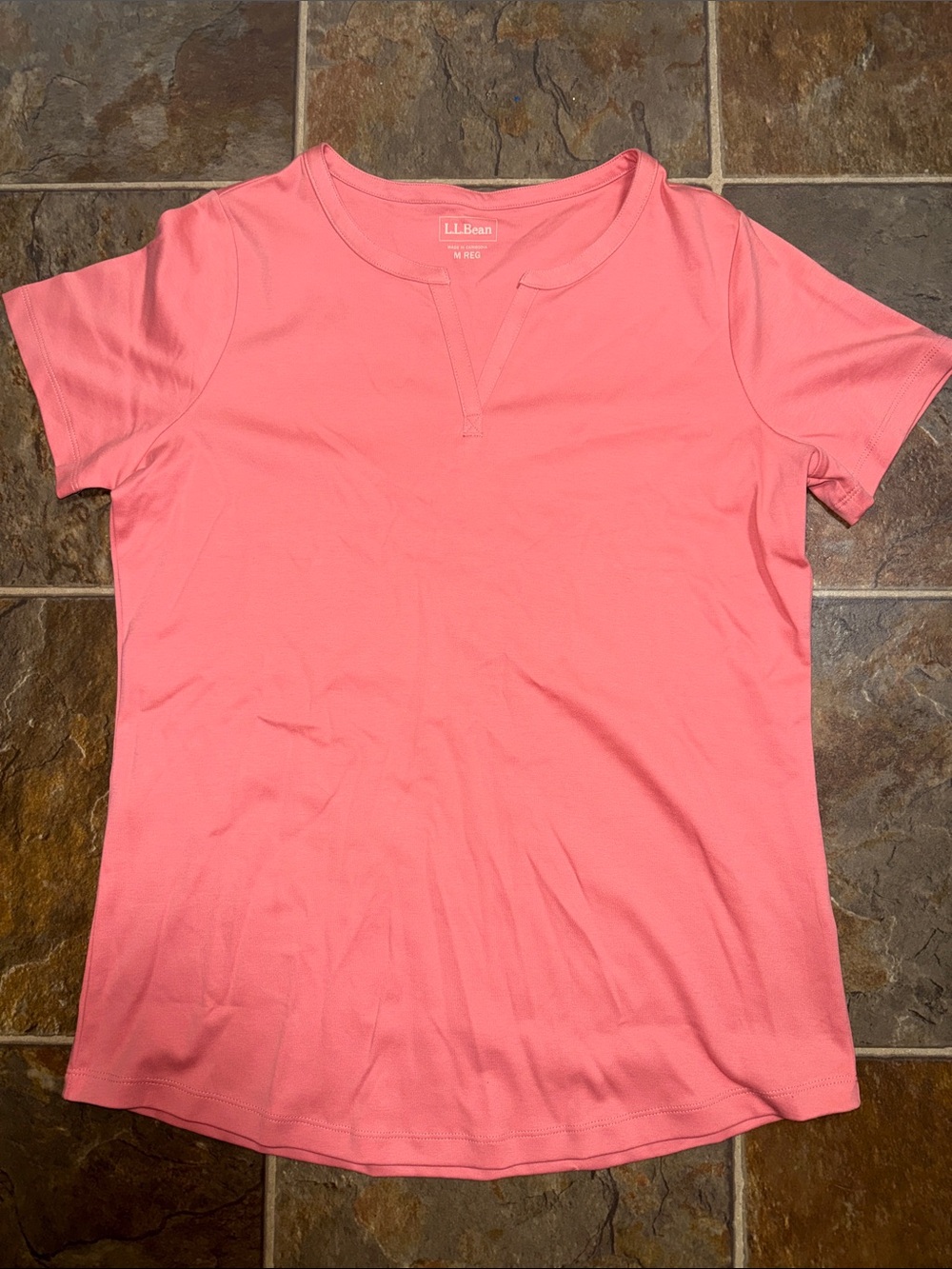 L.L. Bean Coral Pink Short-Sleeve Notch-Neck Tee